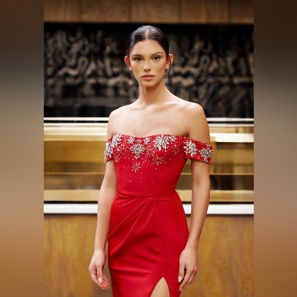 NWT Marchesa Red Embellished Gown with Slit and Off the Shoulder Neckline